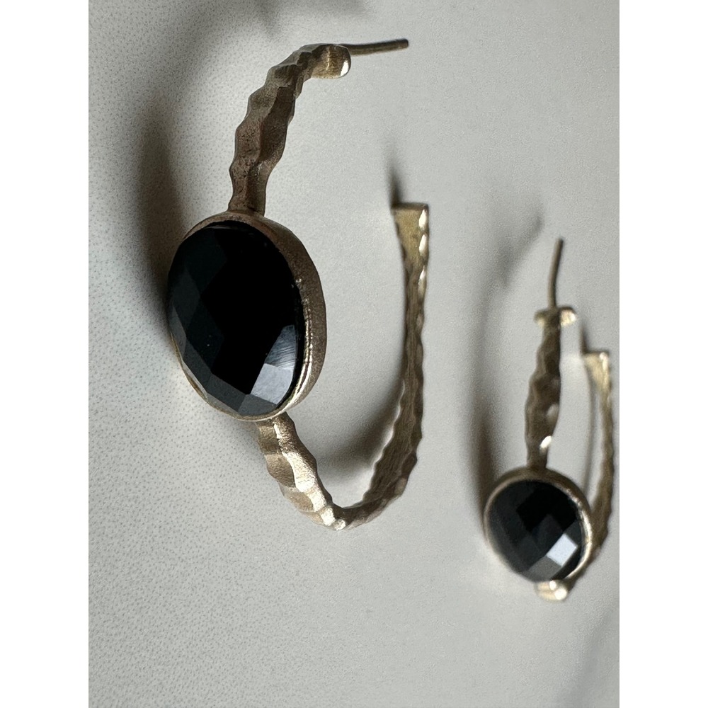 925 Sterling Silver Hammered Gold Tone Black Onyx Oval Stone Open Hoop Earrings